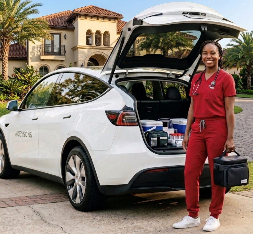Remi Obey, ADEYSONS HEALTH certified mobile phlebotomist in red medical scrubs beside the branded mobile blood-draw unit — Greater Houston, Texas